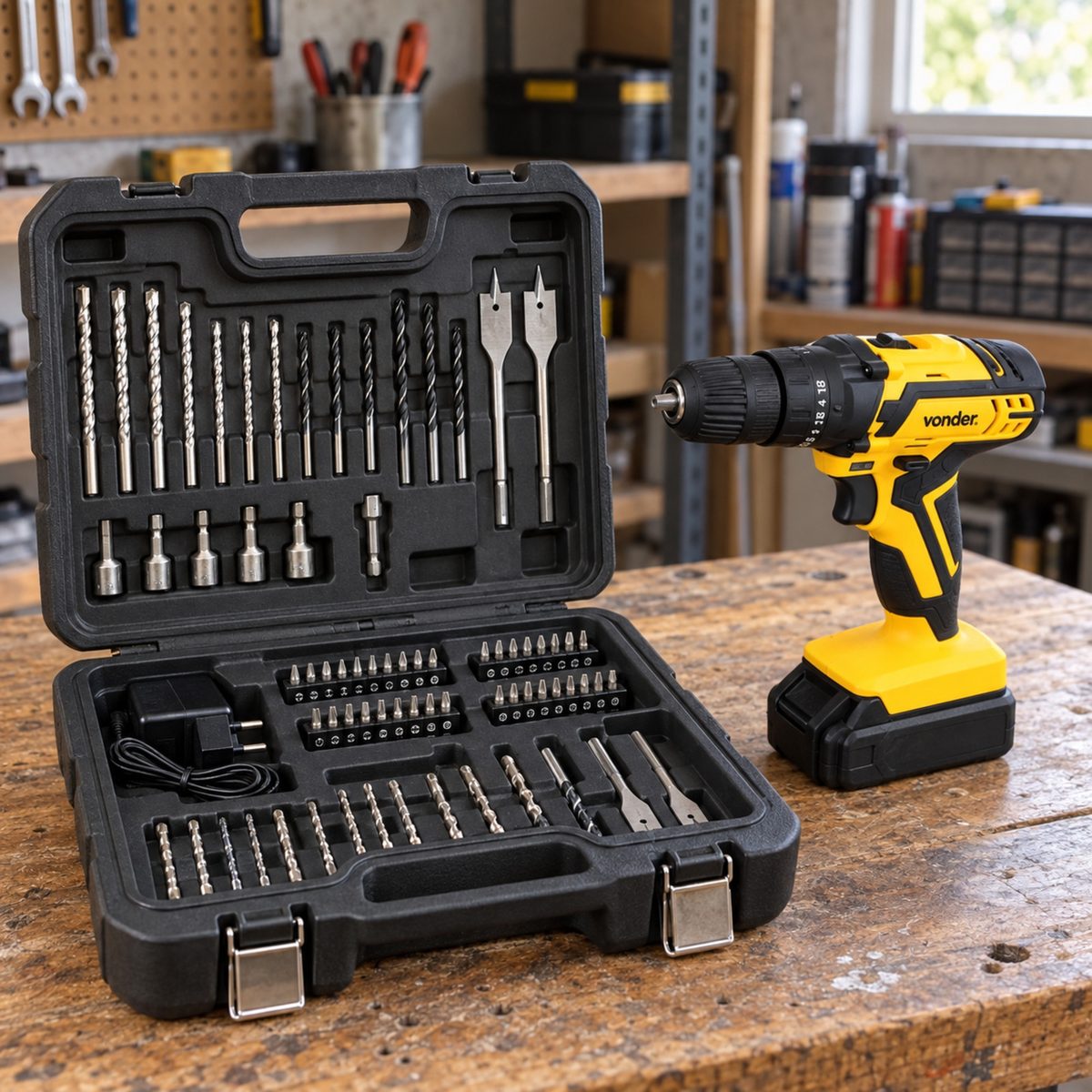 Parafusadeira/furadeira de impacto a bateria, 12 V, fonte de carregamento bivolt automática jogo com 74 acessórios, PFV 074 VONDER